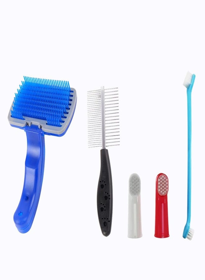 مجموعة أدوات العناية بالحيوانات الأليفة، فرشاة تنظيف ذاتية، مشط مزدوج الجوانب، فرشاة أصابع، أداة للعناية بالأسنان، عبوة من 3 قطع - Image 1